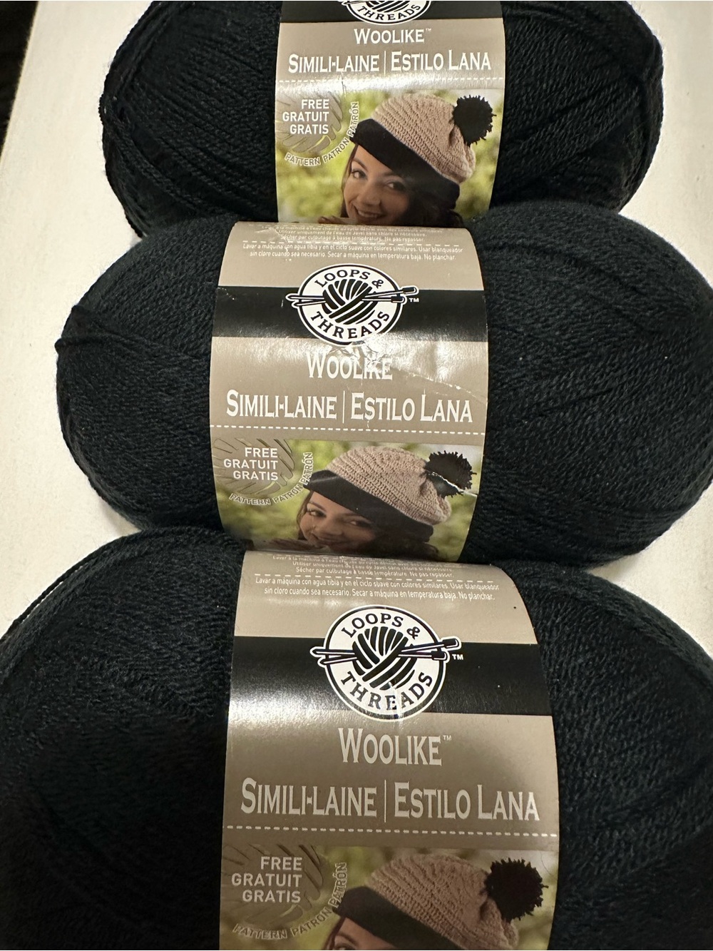 Loops & Threads Woolike Simili-Laine Yarn 3 Skeins Color 5 Black (Two Dye Lots)